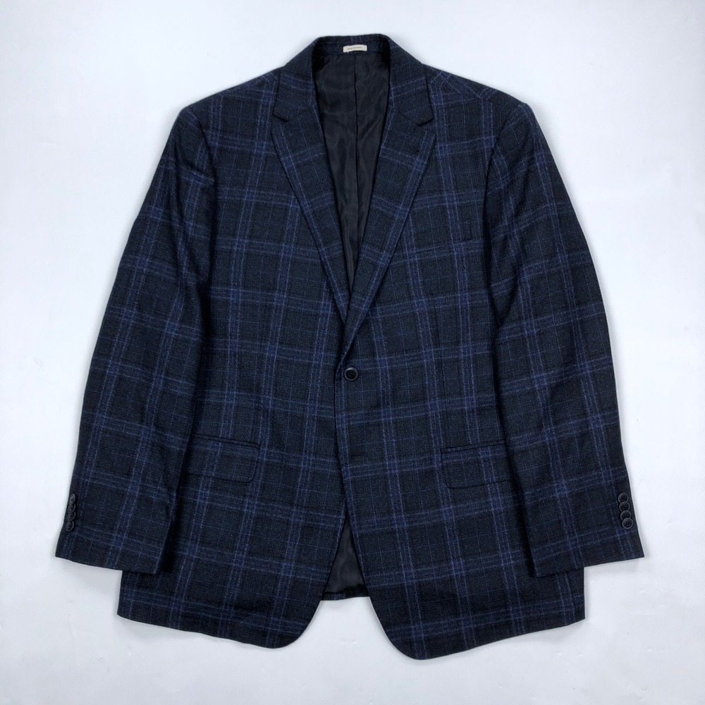 Joseph Abboud 46R Navy Blue Windowpane Plaid Wool Zignone Blazer Jacket
